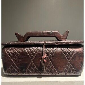 Vintage African Carved Wooden Box Tribal Geometric Storage Folk Art Decor
